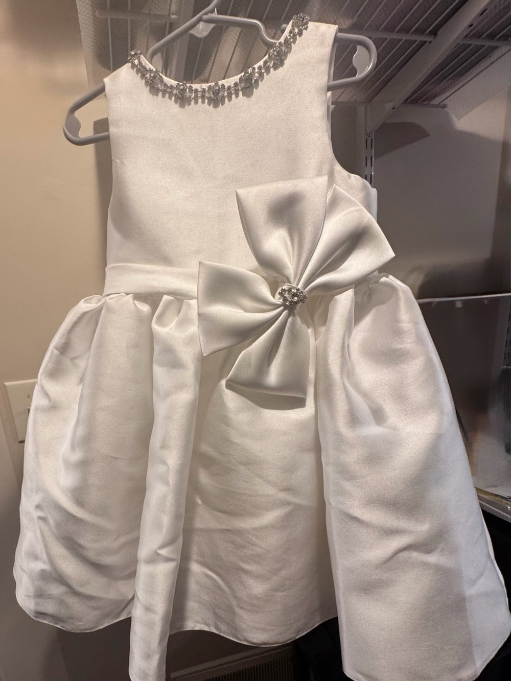 Girls Ivory, Satin Flower Girl Dress with Bow and Rhinestone Accent